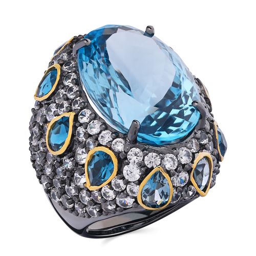 Anel Com Topázio Azul, Topázio London Blue e Zircônias Prata 194878