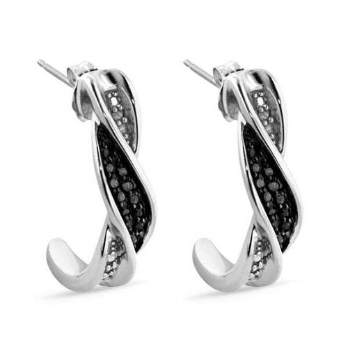 Par de Brinco de Prata Torcido com Diamantes Negros e Brancos Aprox. 15 pts 141895