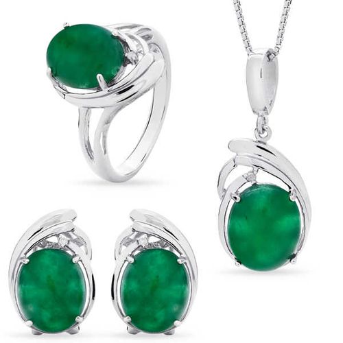 Anel, Brinco e Pingente de Prata com Jade e 4 Diamantes 142241