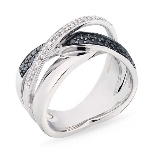 Anel de Prata X com Diamantes Negros e Brancos Aprox. 25 pts 141935