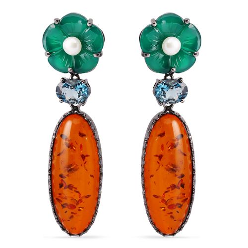 Par de Brinco Flor Linha Prata Luxo com Calcedonias, Perolas, Ambar e Topazios London Blue Aprox. 16,45 cts 198016