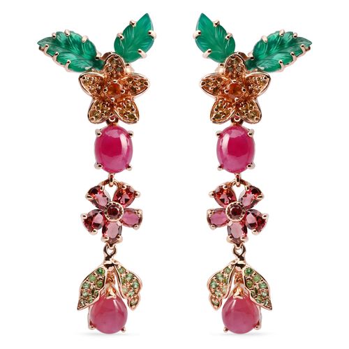 Par de Brinco Floral Linha Prata Luxo com Rubis, Calcedonias, Turmalinas Rosas, Safiras Laranjas e Granadas Aprox. 23,63 cts 198021