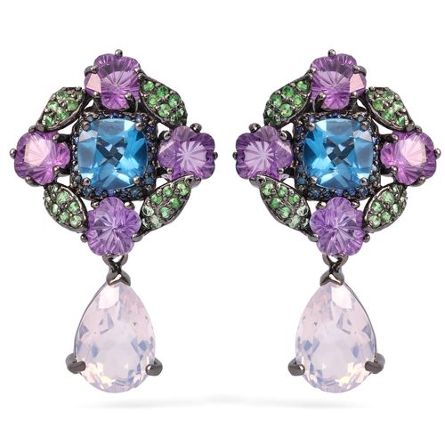 Par de Brinco Linha Prata Luxo com Quartzos Rosas, Ametistas, Topazios London Blue, Safiras Azuis e Granadas Verdes Aprox. 37,33 cts 198098