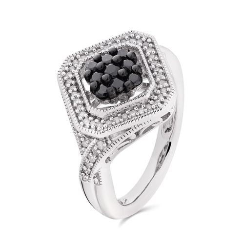 Anel de Prata Losango com Diamantes Negros e Brancos Aprox. 50 pts 120633