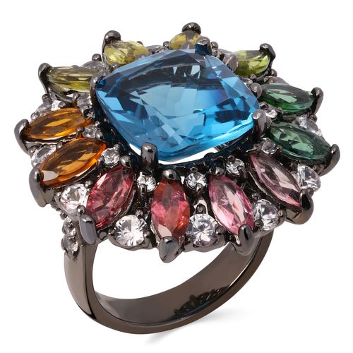 Anel Pedras Naturais com Topazio London Blue, Turmalinas Coloridas e Zirconias Aprox. 14,66 cts Linha Prata Luxo 198028