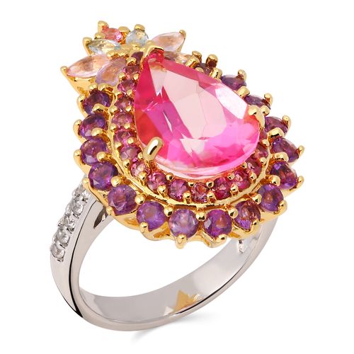 Anel Pedras Naturais com Topazio Rosa, Rodolitas, Zirconias, Ametistas, Safiras Coloridas e Zirconias Azuis Aprox. 5,44 cts Linha Prata Luxo 198059