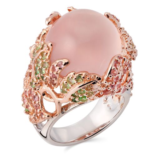 Anel Pedras Naturais com Quartzo Rosa, Safiras Rosas e Granadas Verdes Linha Prata Luxo 198034