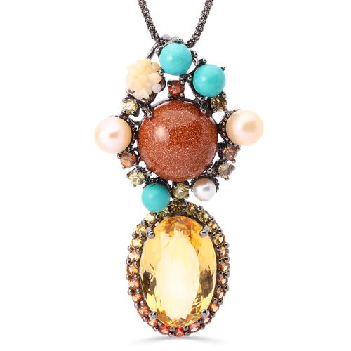 Pingente Pedras Naturais com Pedra da Lua, Magnesites, Coral, Perolas, Safiras Coloridas e Citrino Aprox. 45,90 cts Linha Prata Luxo 198103