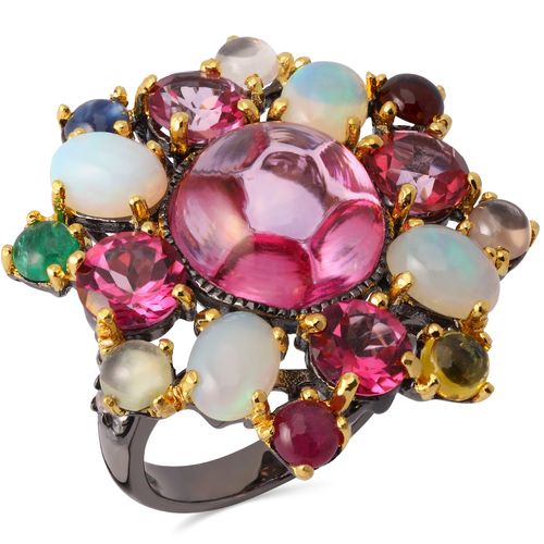 Anel Pedras Naturais com Topazios Rosas, Opalas, Mix de Pedras e Zirconias Aprox. 18,95 cts Linha Prata Luxo 198062