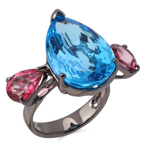 Anel Gota Pedras Naturais com Topazio Azul e Topazios Rosas Aprox. 22 cts Linha Prata Luxo 198053