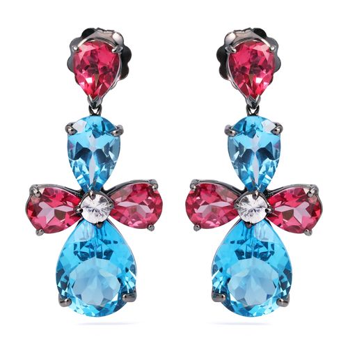 Par de Brinco Prata Luxo com Topazios Rosas, Topazios Azuis e Zirconias Aprox. 40 cts 198054