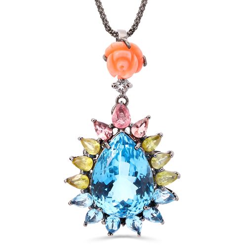 Pingente Floral Pedras Naturais com Coral, Topazuis Azuis, Topazio Branco, Turmalinas Rosas, Quartzos Aprox. 45 cts Linha Prata Luxo 198079
