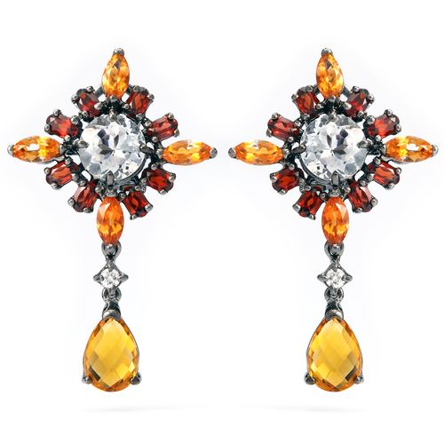 Par de Brinco Prata Luxo com Quartzos Brancos, Granadas, Quartzos Sunset, Citrinos e Zirconias 198045