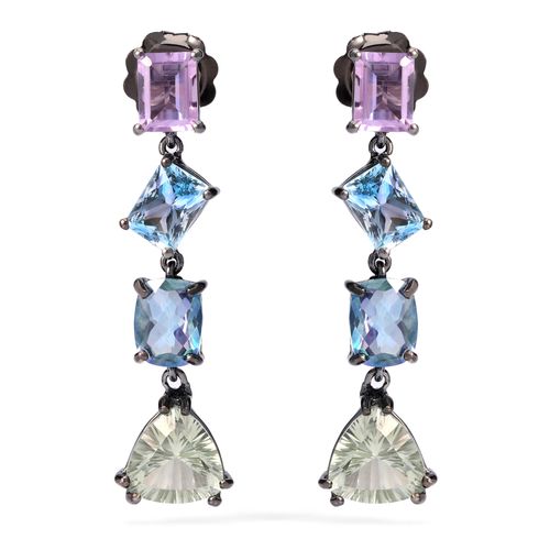 Par de Brinco Pedras Naturais com Topázios Azuis,Topázios Misticos, Ametistas Aprox. 14,40 cts Linha Prata Luxo 198063