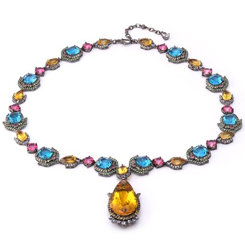 Calor com Topazios London Blue, Citrinos, Topazios Rosas, Granadas Verdes, Zirconias, Tanzanitas e Safiras Coloridas Aprox. 103,5 cts Linha Prata Luxo 198030