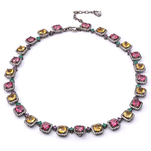 Colar Pedras Naturais Topazios Rosas, Citrinos, Calcedonias, Zirconias, Ametistas, Topazio Branco Aprox. 66 cts Linha Prata Luxo 198061