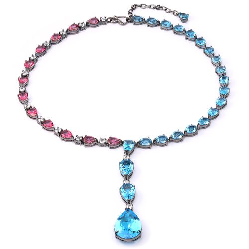 Colar Gota Pedras Naturais com Topazios Swiss Blue, Topazios Azuis, Topazios Rosas e Zirconias Aprox. 113 cts Linha Prata Luxo 198055