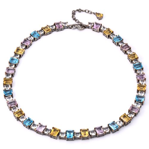 Colar Pedras Naturais com Citrinos, Ametistas, Topazios Brancos, Topazios Azuis e Zirconias Aprox. 111 cts Linha Prata Luxo 198064