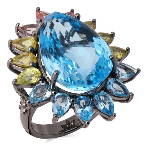Anel Gota Pedras Naturais com Topazios Azuis, Turmalinas Rosas, Quartzos e Zirconias Aprox. 38 cts Linha Prata Luxo 198080