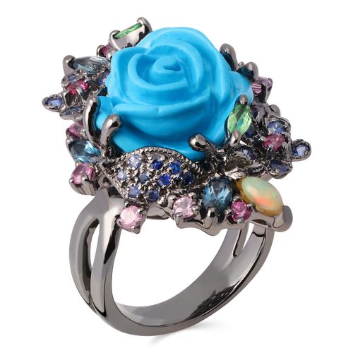 Anel Flor com Magnesite, Opalas, Granadas Verdes, Topázio London Blue, Safiras Rosas e Safiras Azuis Linha Prata Luxo 198097
