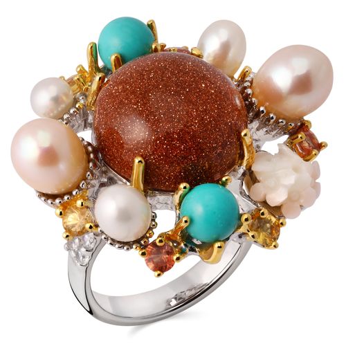 Anel com Pedra da Lua, Magnesites, Coral, Perolas, Safiras Coloridas e Zirconias Linha Prata Luxo 198104