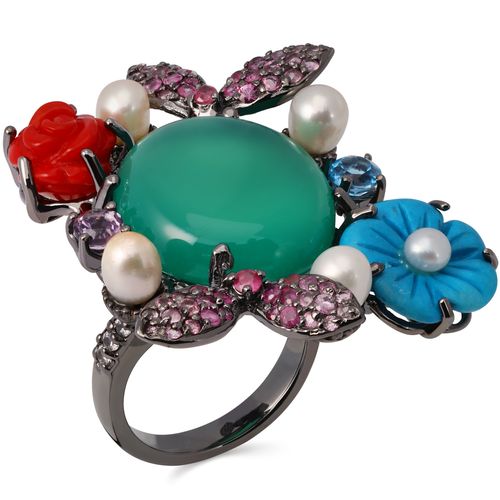 Anel Floral com Calcedônia, Coral, Pérolas, Topázios Azuis, Safiras Rosas, Magnesite e Zircônias Linha Prata Luxo 198094