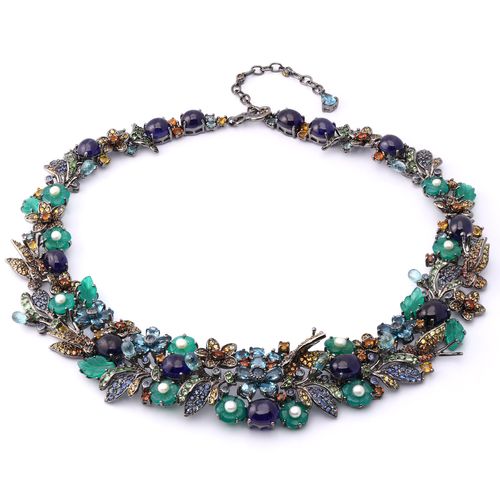 Colar Floral Pedras Naturais Safiras,Calcedônias,Pérolas,London Blue,Granadas Verdes e Zircônias Prata 198027