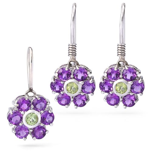 Conjunto com Pingente e Par de Brincos Flor com Peridotos e Ametistas em Ouro Branco 18k 177094