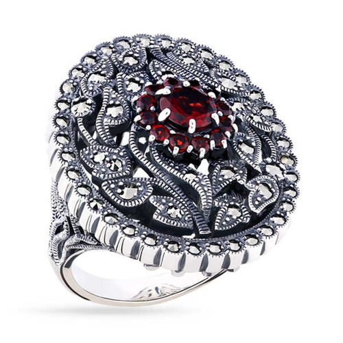 Anel Oval Rendado em Prata com Flor de Granadas e Marcassitas 142687