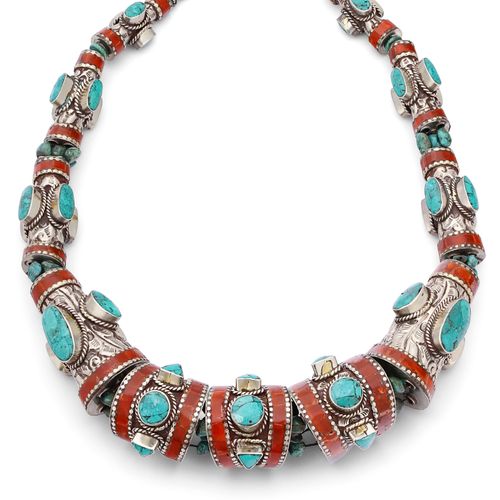 Colar Maxi Nepal Artesanal Trabalhado com Turquesa e Coral 133466