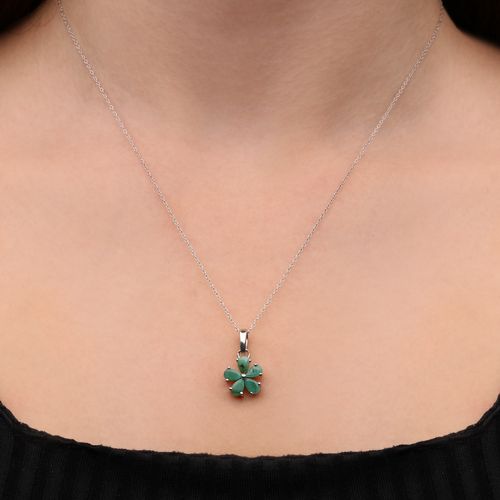 Pingente Flor com Esmeraldas - Aprox. 90 cts - Prata - Corrente 45 cm 198557