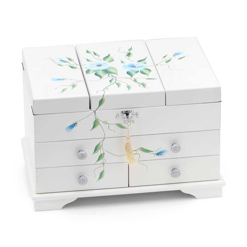 Porta Joia Madeira Branco Com Flores Azuis Pintados  a Mão 4 Gavetas 131349