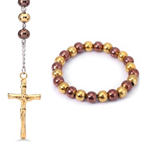 Terço com Cruz e Pulseira em Aço Inoxidável Colorido 111391