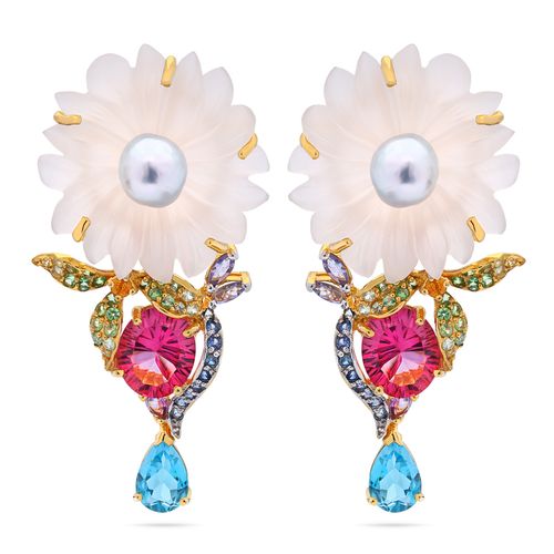 Par de Brinco Flor Quartzo Branco,Pérolas,Topázios Rosas,Topázios Azuis,Tanzânitas,Safiras Amarelas,Safiras Azuis,Granadas Verdes Prata 195457