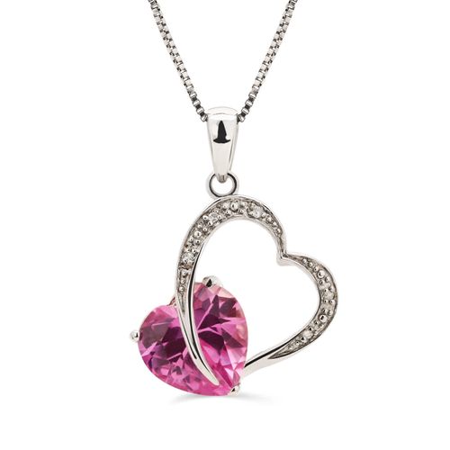 Pingente de Prata Coração com Safira Man Made Pink e 12 Diamantes 176235