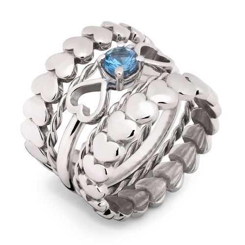 Kit Honey 4 Alianças e 1 Solitário com Água Marinha Prata 194129