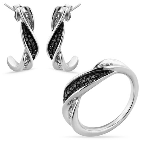 Conjunto de Prata Torcido com Diamantes Negros e Brancos 141896