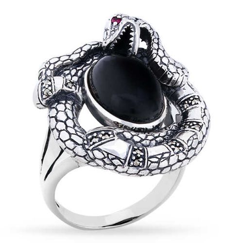 Anel Serpente de Prata com Ônix, Rubi e Marcassitas 142758