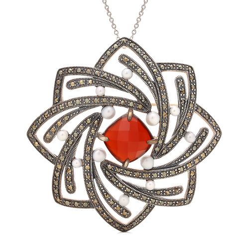 Pingente Broche de Cornalina,Pérolas e Marcassitas Prata 173042