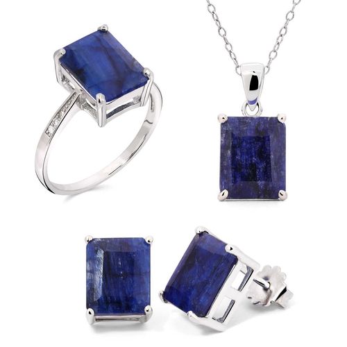 Anel, Brinco e Pingente de Prata com Safiras Retangular Aprox. 18 cts 182540
