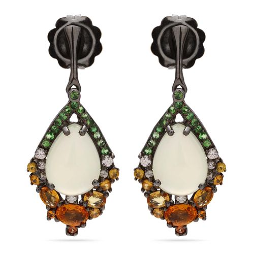 Par de Brinco de Prata Luxo com Prenita, Safiras Laranjas, Granadas Verde e Zirconias 187664 Par de Brinco de Prata Luxo com Prenita, Safiras Laranjas, Granadas Verde e Zirconias 187664