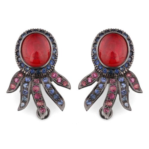 Par de Brinco de Prata Luxo com Rubis, Safiras Azuis e Safiras Rosas Aprox.13 cts 187667