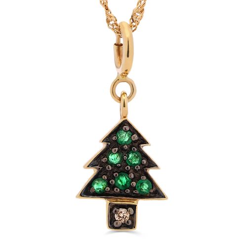 Pingente Pinheiro com Esmeraldas e Diamante em Ouro Amarelo 18k 191340