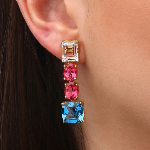 Par De Brinco Pedras Naturais com Topázio Swiss Blue, Turmalinas Rosas e Zircônias Prata 192078