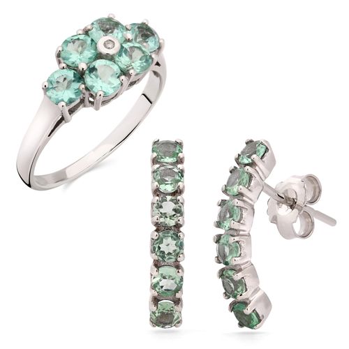 Anel e Brinco Apatita e Diamantes- Prata 193334