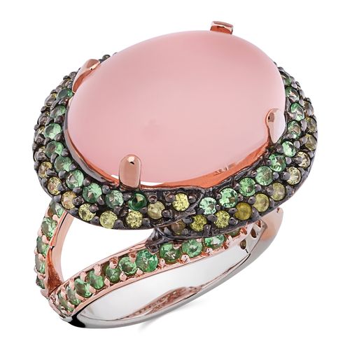 Anel com Quartzo  Rosa, Granadas Verdes,Safiras Amarelas Banho Ouro Rosé Prata 195446