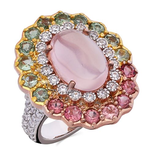 Anel Com Quartzo Rosa, Turmalinas Coloridas e Zircônias Prata 195450