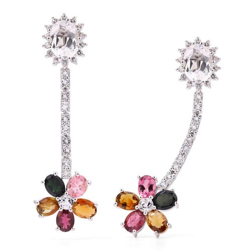 Par de Brinco em Prata 925 Flor com Turmalinas Coloridas e Topázios Brancos 154138