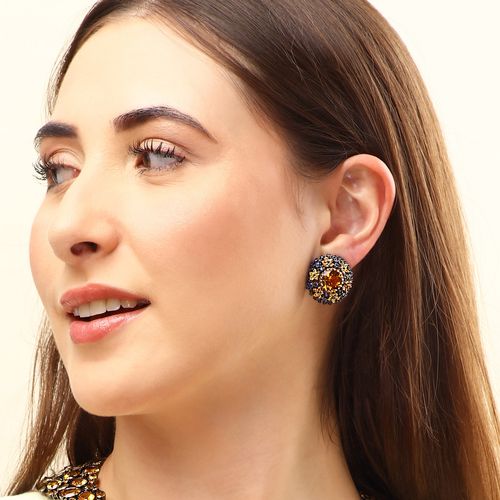 Par de Brinco Prata Luxo com Citrinos, Saf. Azuis, Saf. Laranjas e London Blue Banho Rodio Negro 188182