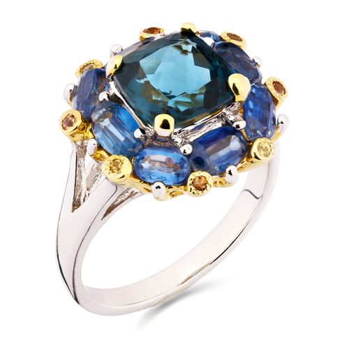 Anel em Prata Luxo com Topázio London Blue, Kianites e Safiras Laranjas 189676